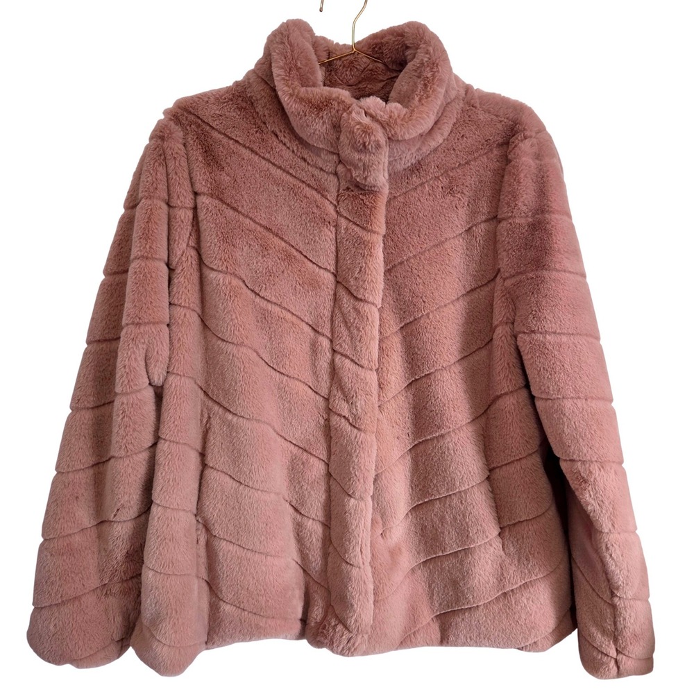 Cavalini Mauve‎ Pink Faux Fur Chevron Funnel Neck Jacket 2X Very Soft Cozy